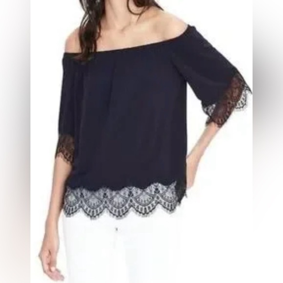 Banana Republic Blue Blouse Lace trimmed 3/4 sleeve off the shoulder Top Small - Picture 1 of 9